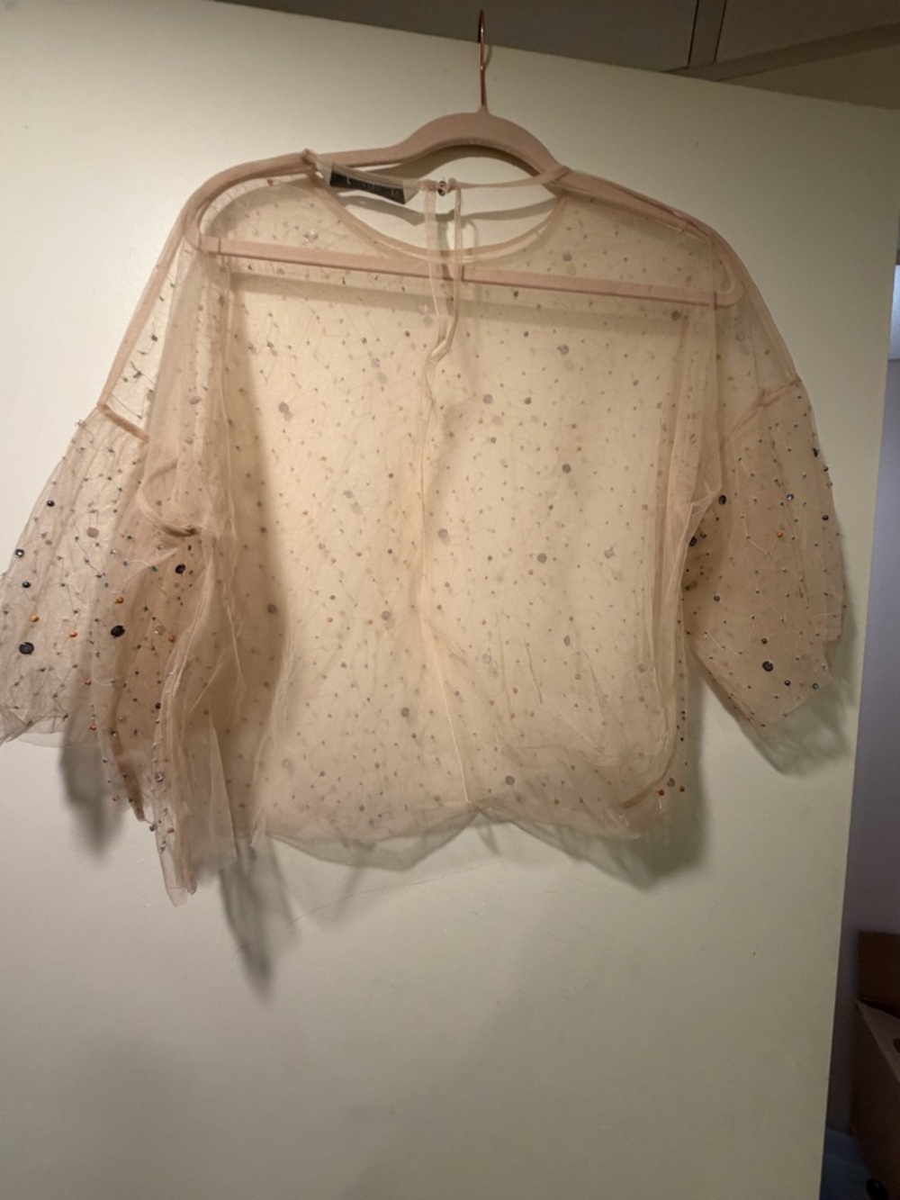 Zara Tulle Blouse featuring multi-colored jewel and bead appliqués. Size L - Picture 7 of 10